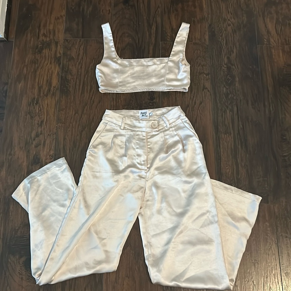 Princess Polly Cream Satin High-I Waist Pants & Crop Top Huxley Set